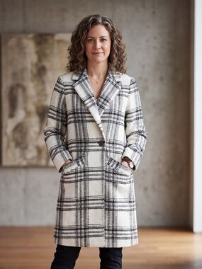 500 Maison Cinqcent Plaid Pea Coat with Black Windowpane